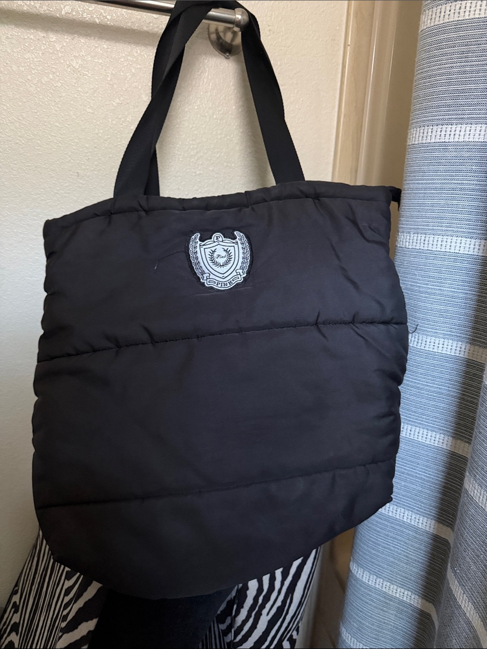Black Quilted Tote Bag with vs pink emblem